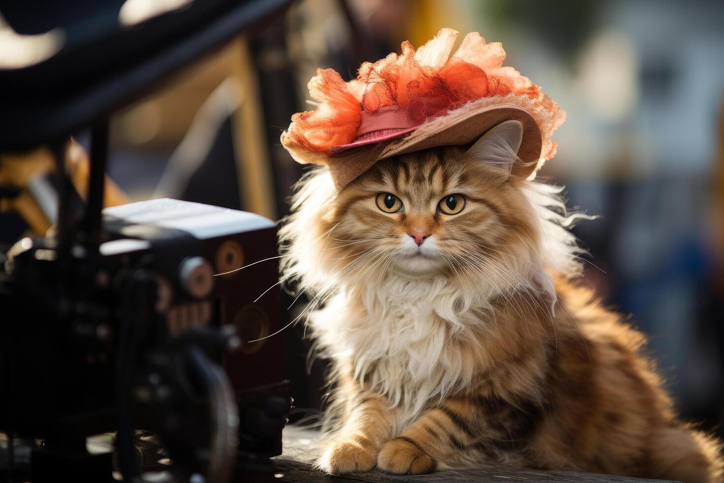 Fluffy cat in a flower hat photo