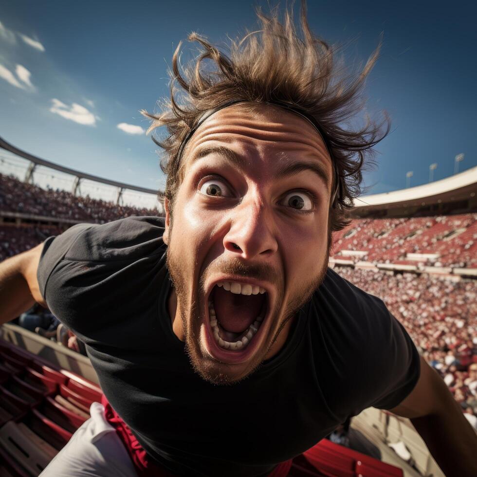 Excited sports fan cheering in stadium photo