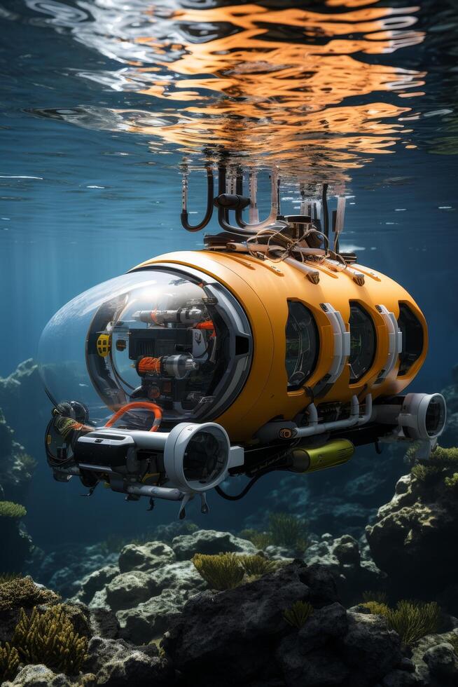 Underwater exploration vehicle exploring coral reef photo