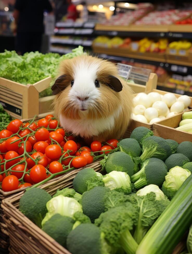 guinea pig in vegetable display at grocery store photo