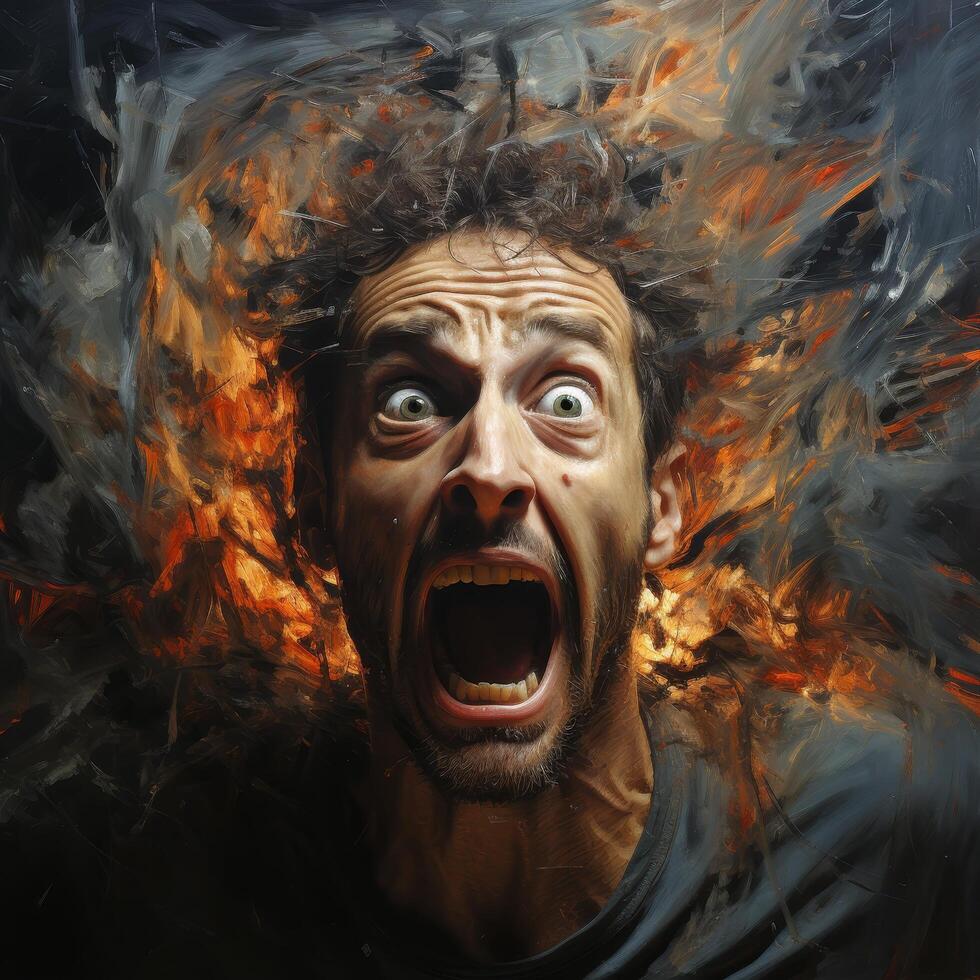 Intense emotional expression of a man with wild hair photo