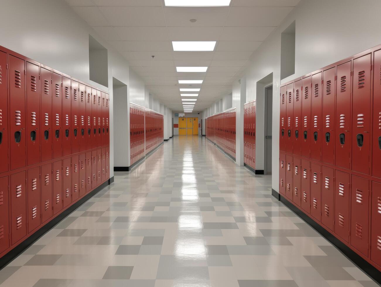 Rows of red lockers in a school hallway photo