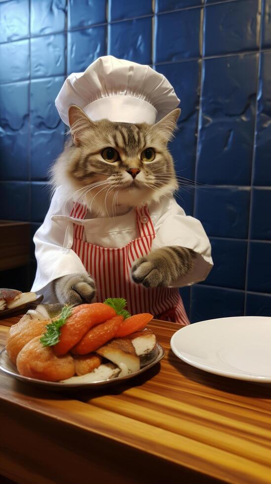 Adorable chef cat preparing a meal photo