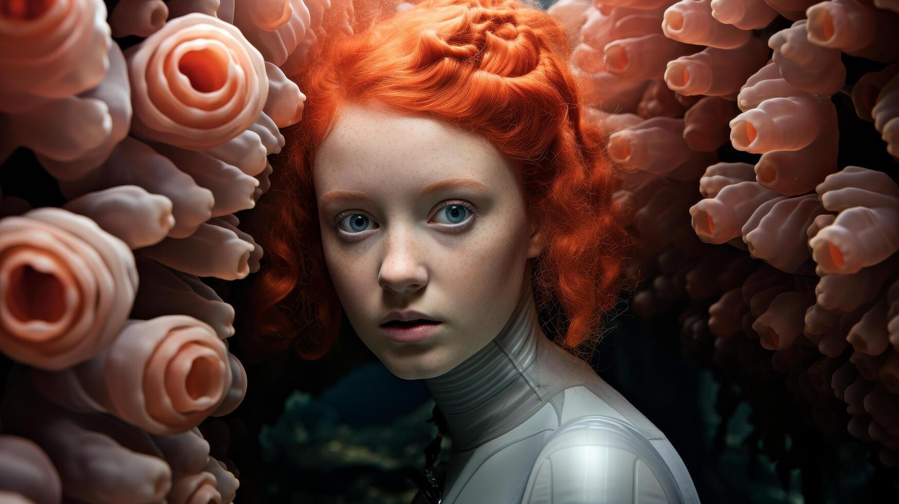 Striking portrait of a young woman with vibrant red hair surrounded by pink roses photo