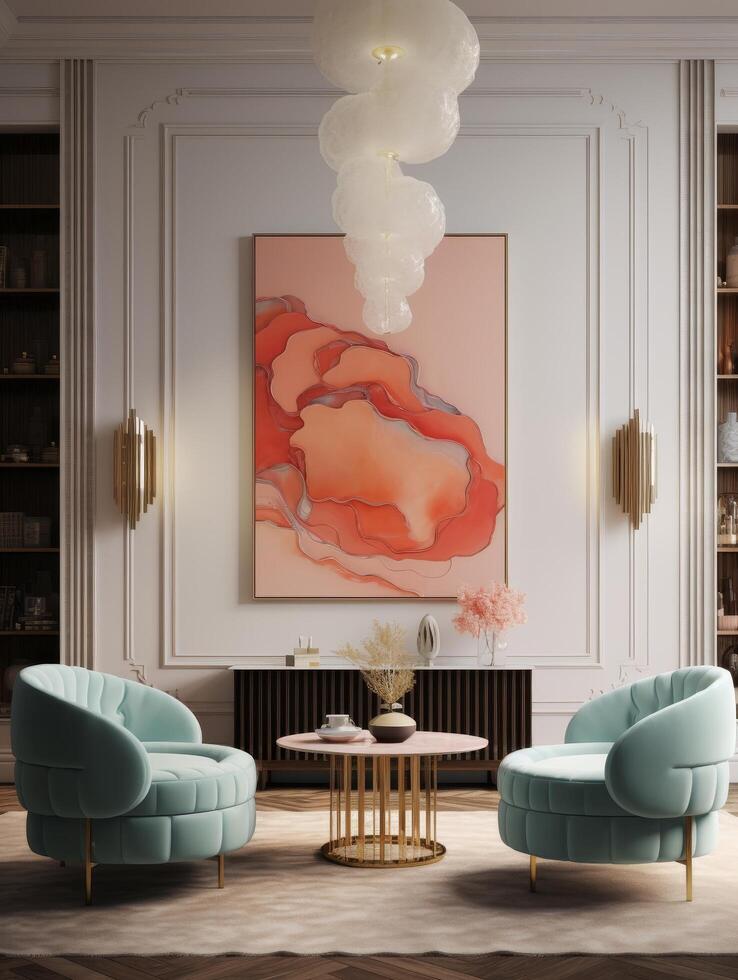 modern living room with abstract art and cloud lighting photo
