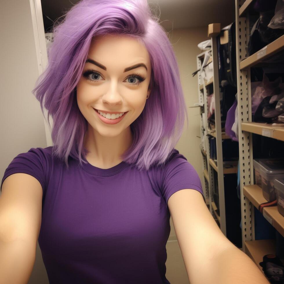 Smiling woman with vibrant purple hair photo