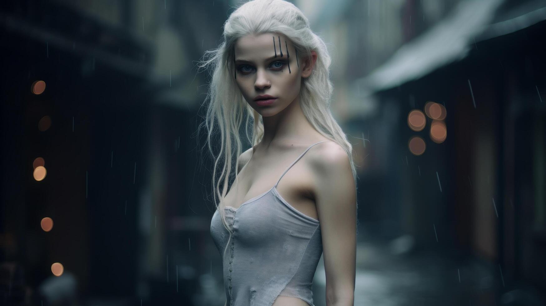 Mysterious blonde woman in the rain photo