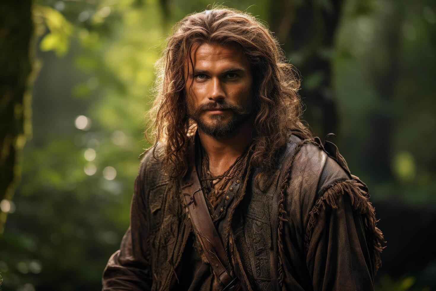 Rugged man with long hair and beard in the wilderness photo