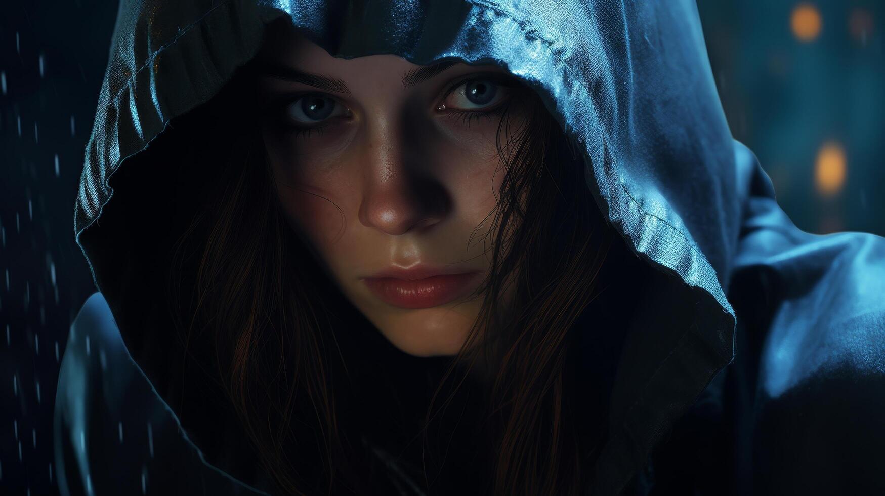 Mysterious woman in dark hooded cloak photo