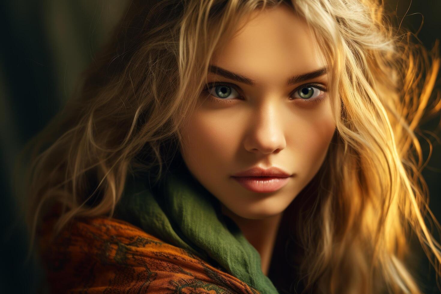 Captivating portrait of a beautiful woman with striking blue eyes and flowing blonde hair photo