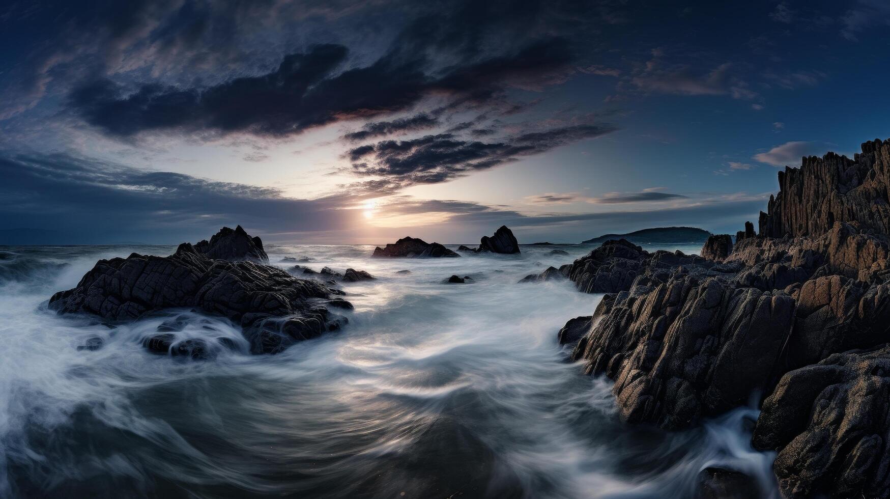 Dramatic seascape with crashing waves and rocky coastline at sunset photo