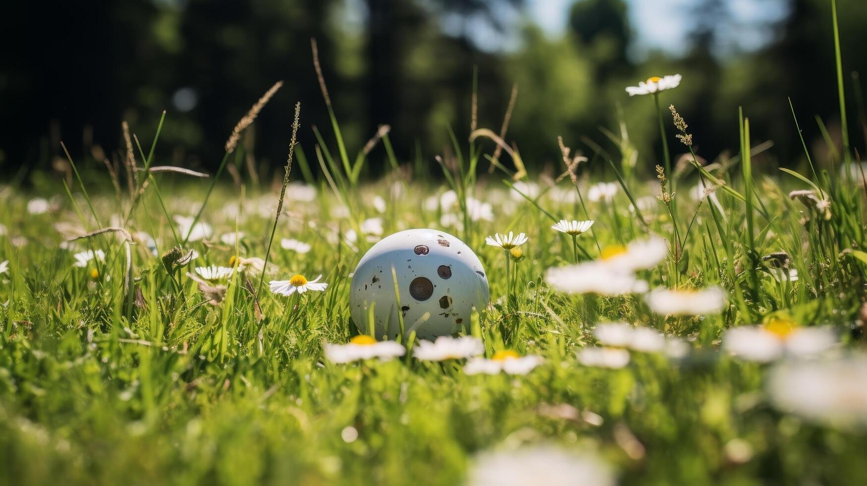 Spotted egg in a field of daisies photo