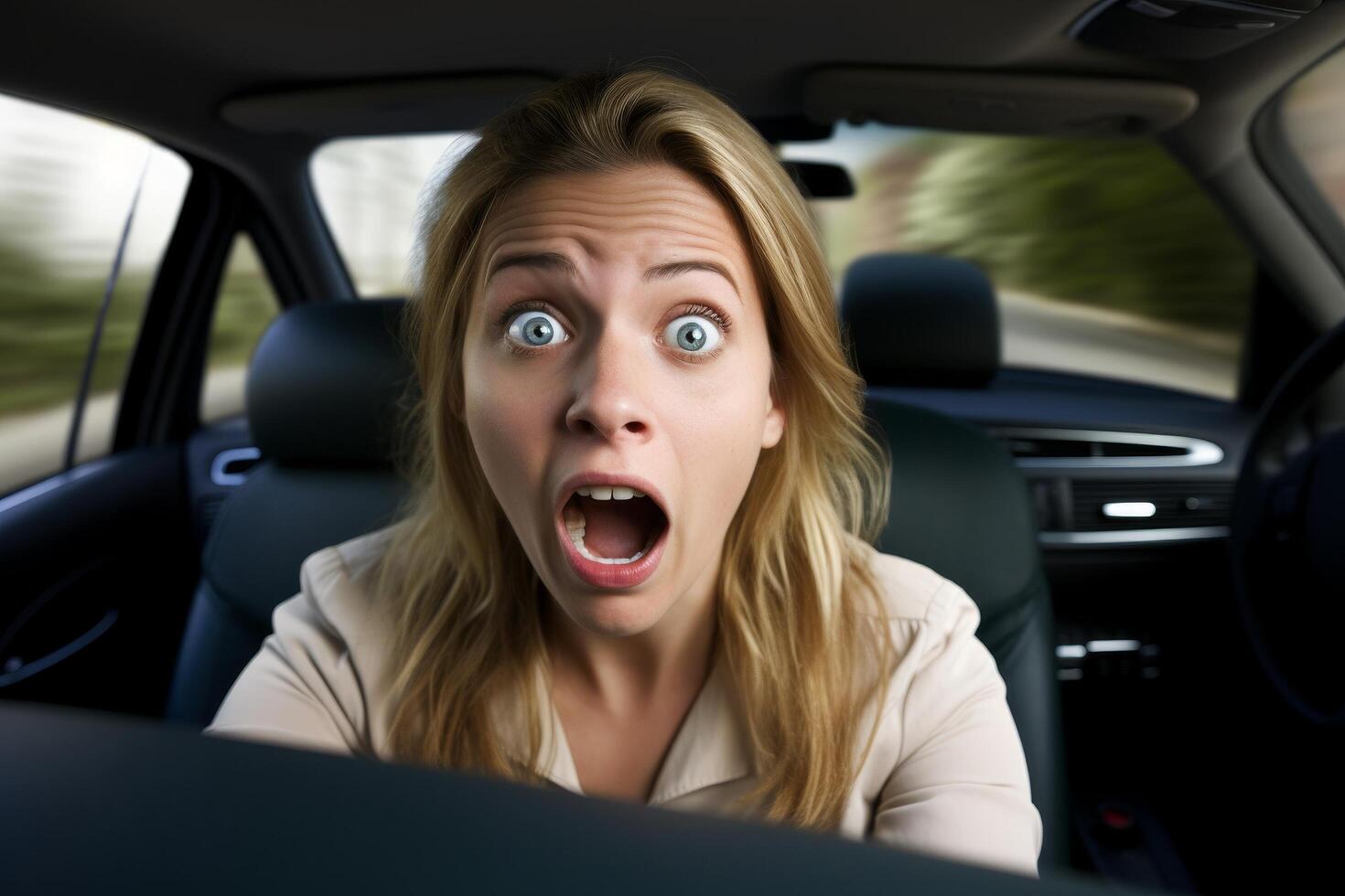 Shocked woman driving car with wide eyes and open mouth photo