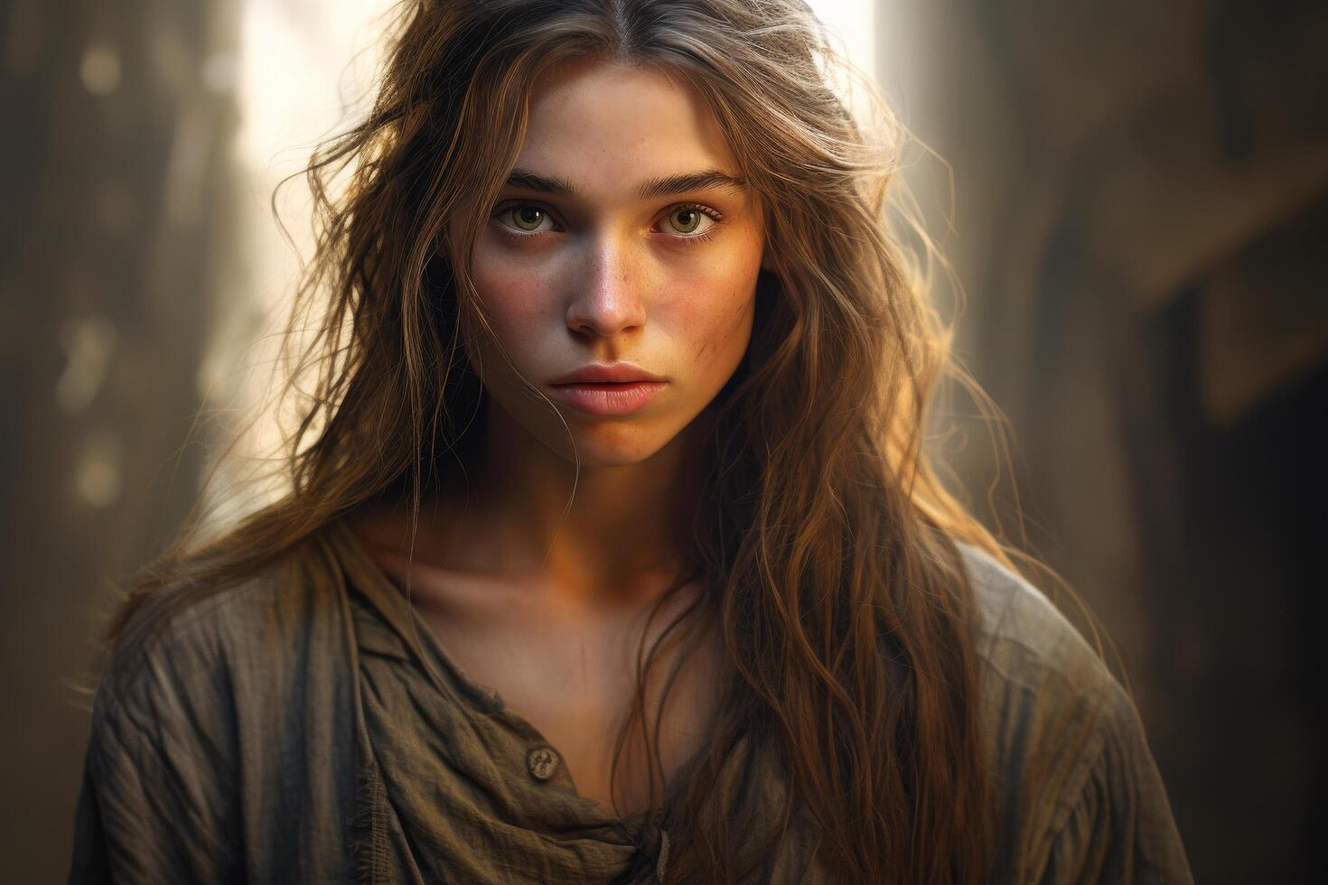 Thoughtful young woman with windblown hair photo
