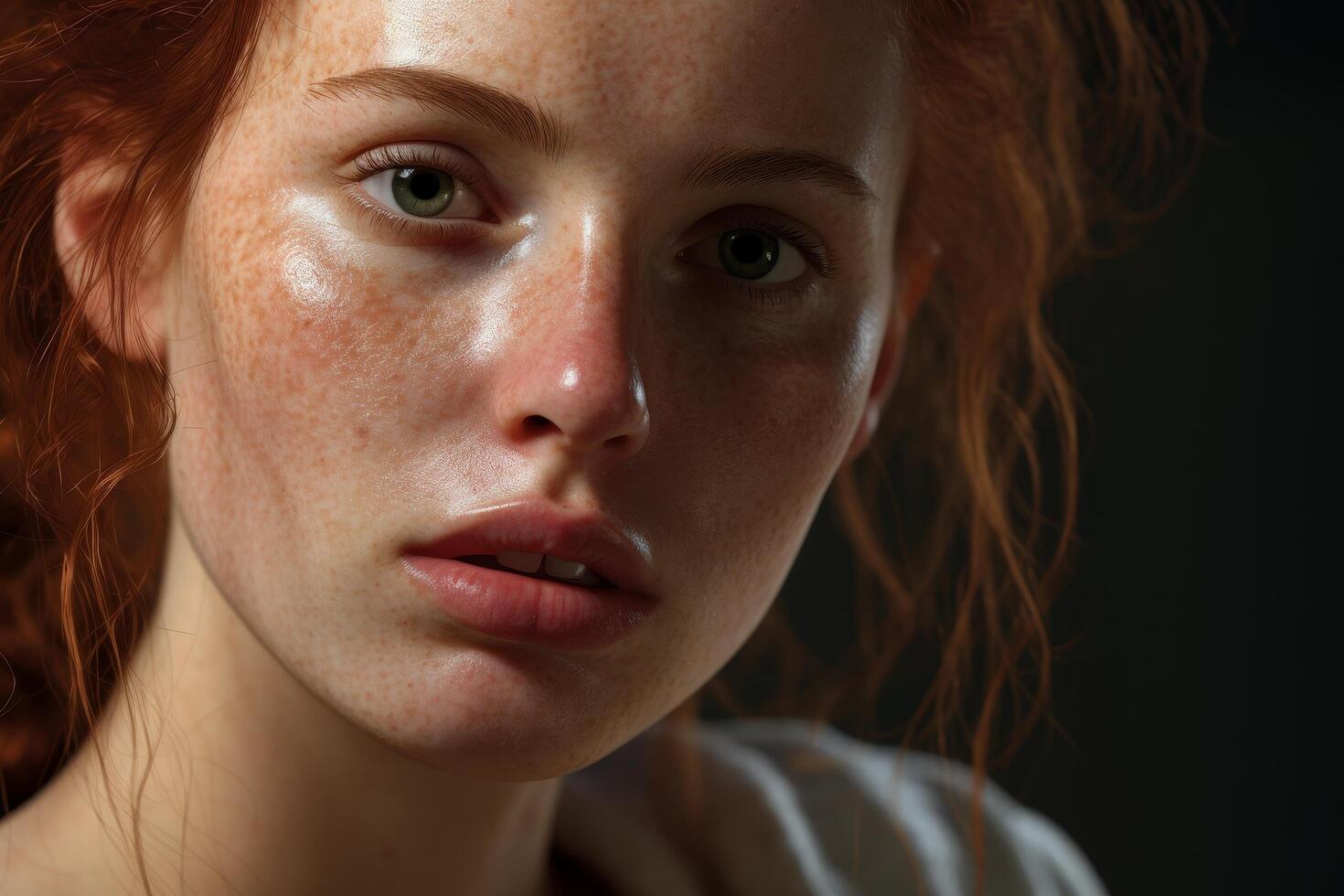 Pensive young woman with freckles and red hair photo