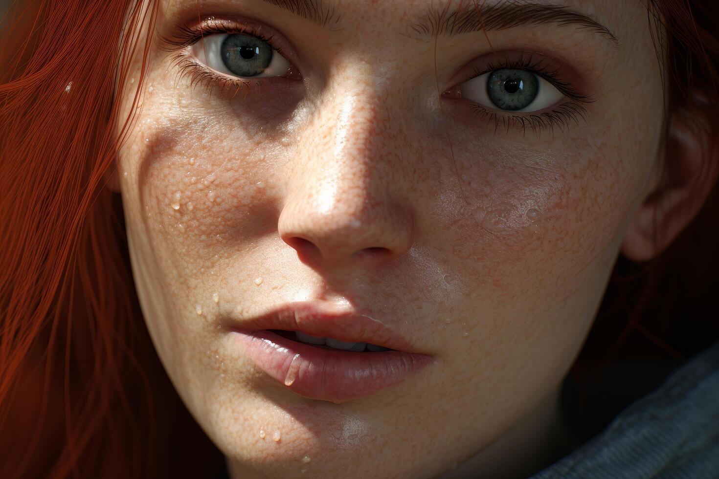 close up of a womans face with freckles and tears photo