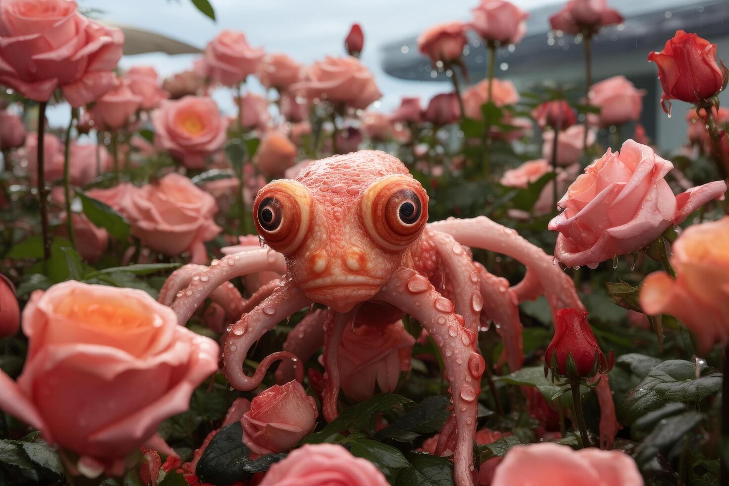 Whimsical pink octopus in rose garden photo