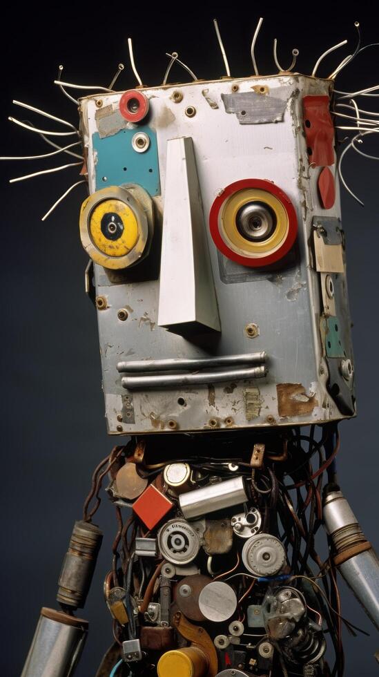 Quirky robot sculpture made from recycled electronic components photo