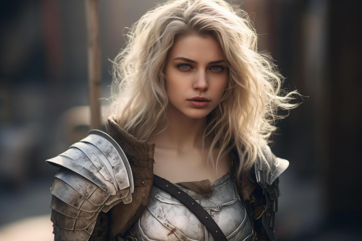 Fierce female warrior with flowing blonde hair photo