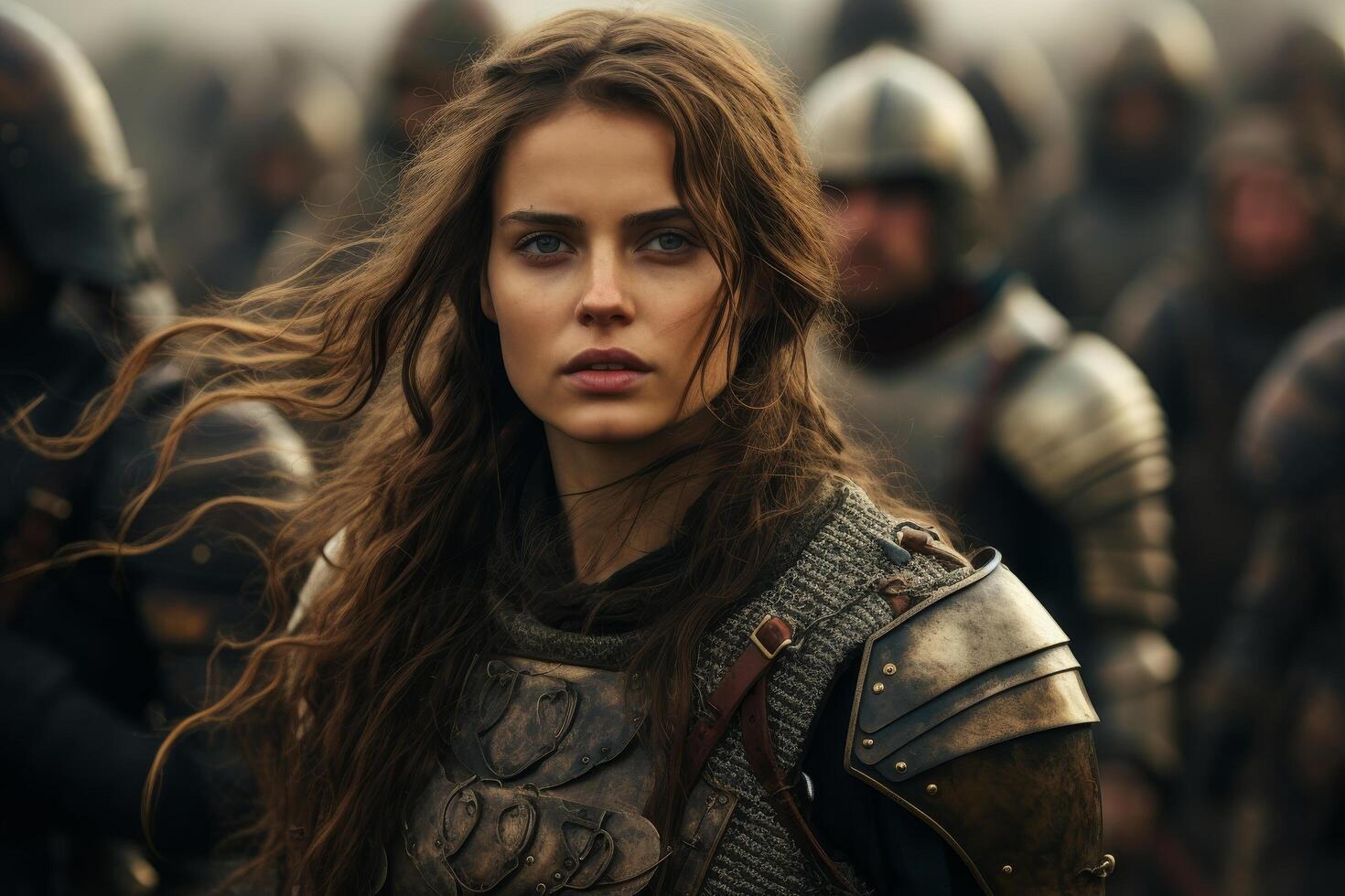 Fierce female warrior with windblown hair photo