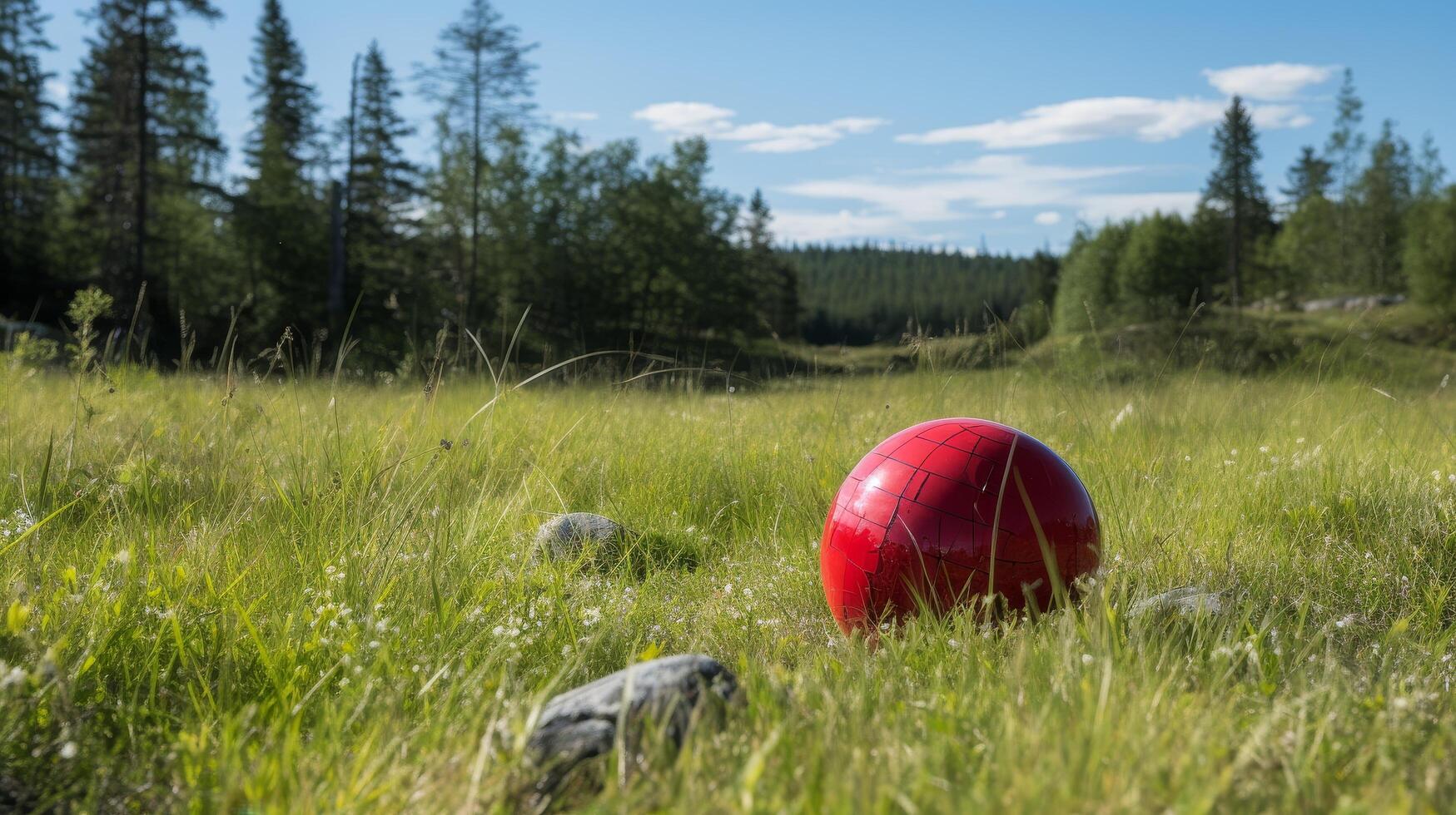 Red ball in grassy field with forest in background photo