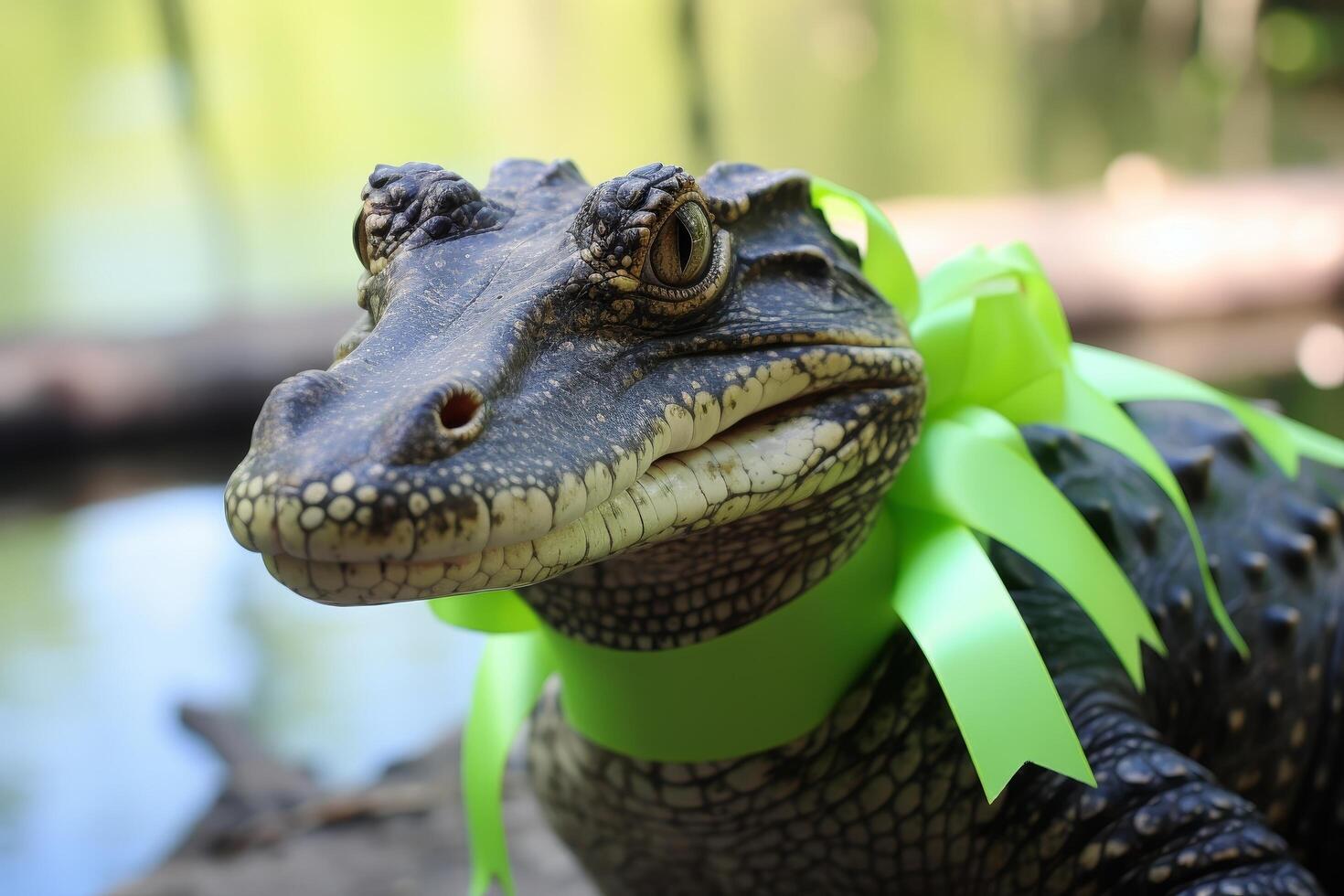 Close up of a crocodile with a green bow photo