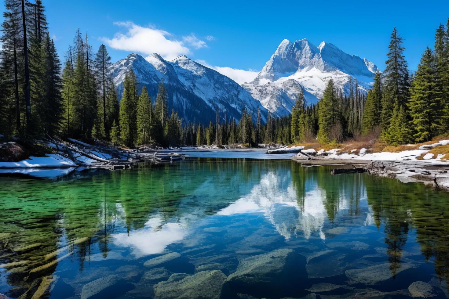 Stunning mountain landscape with crystal clear lake photo