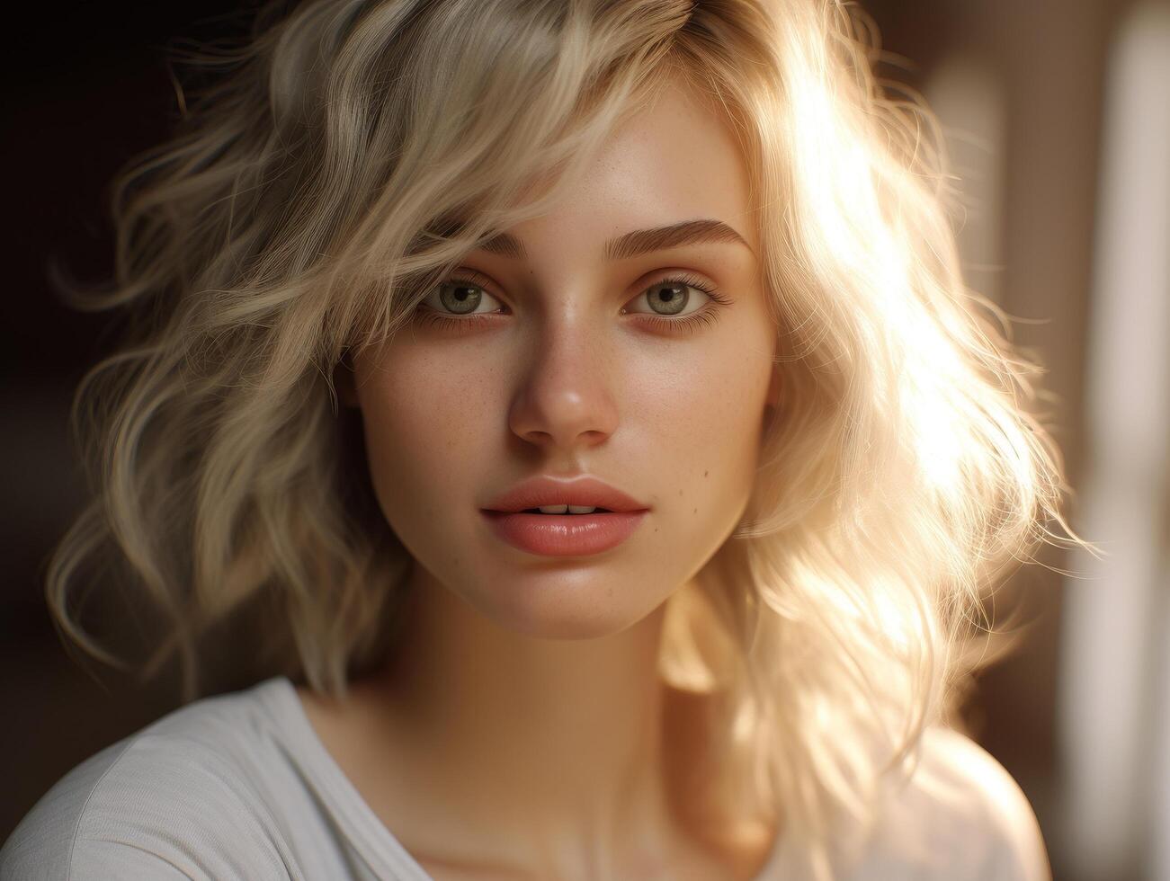 Thoughtful young woman with blonde curly hair photo