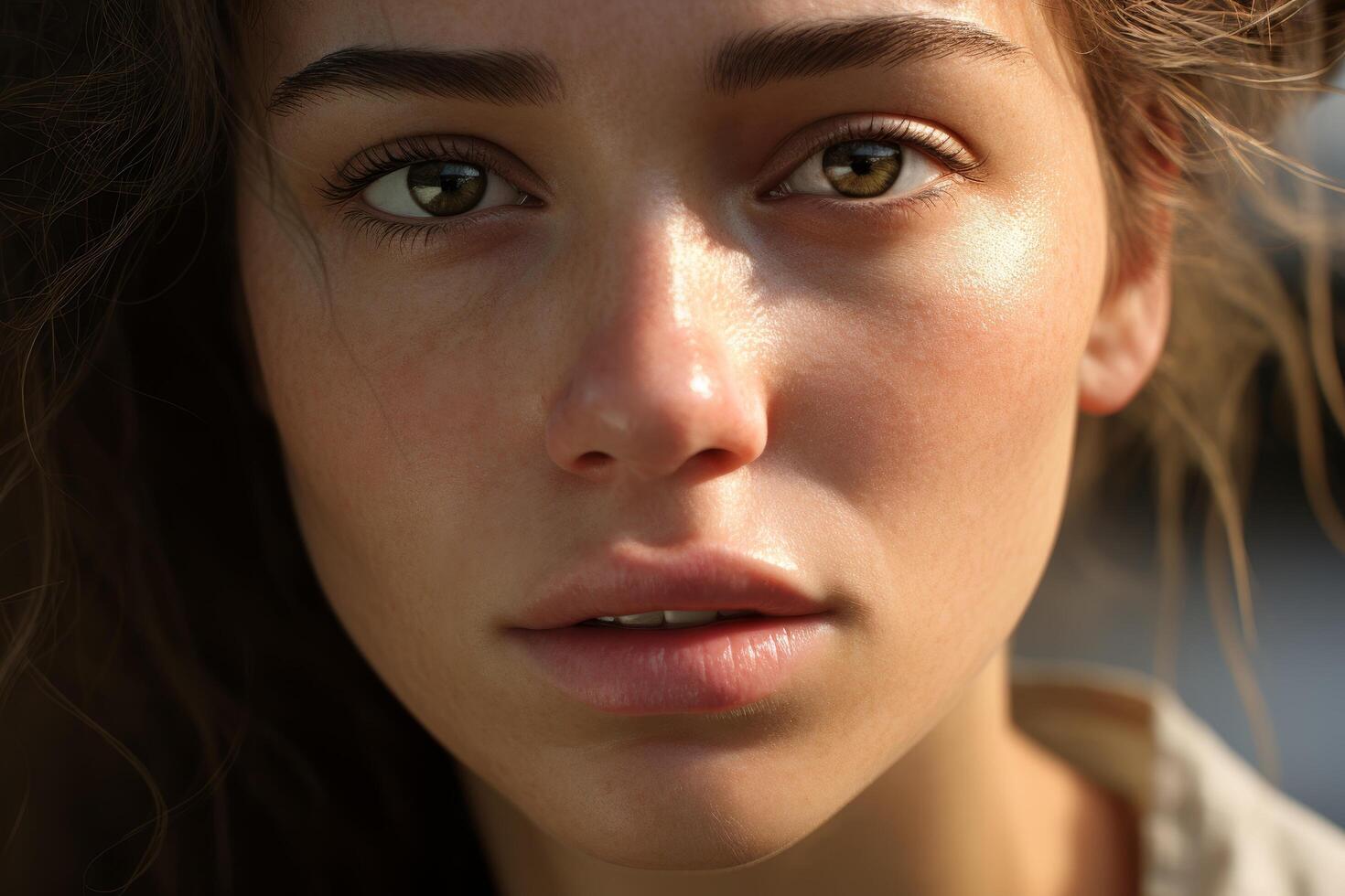Captivating close up portrait of a young woman with striking green eyes photo