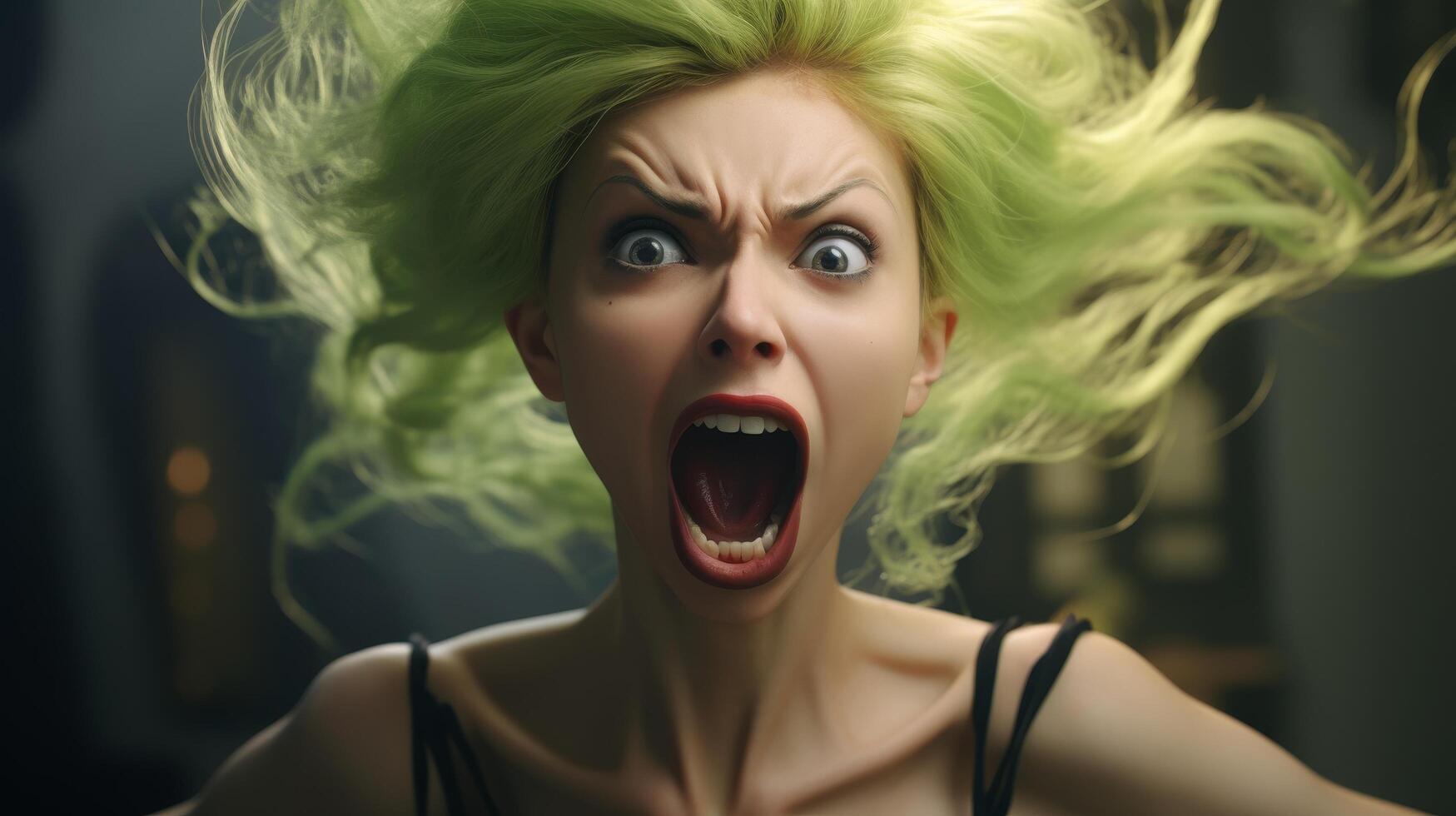 Shocked and angry woman with wild green hair photo