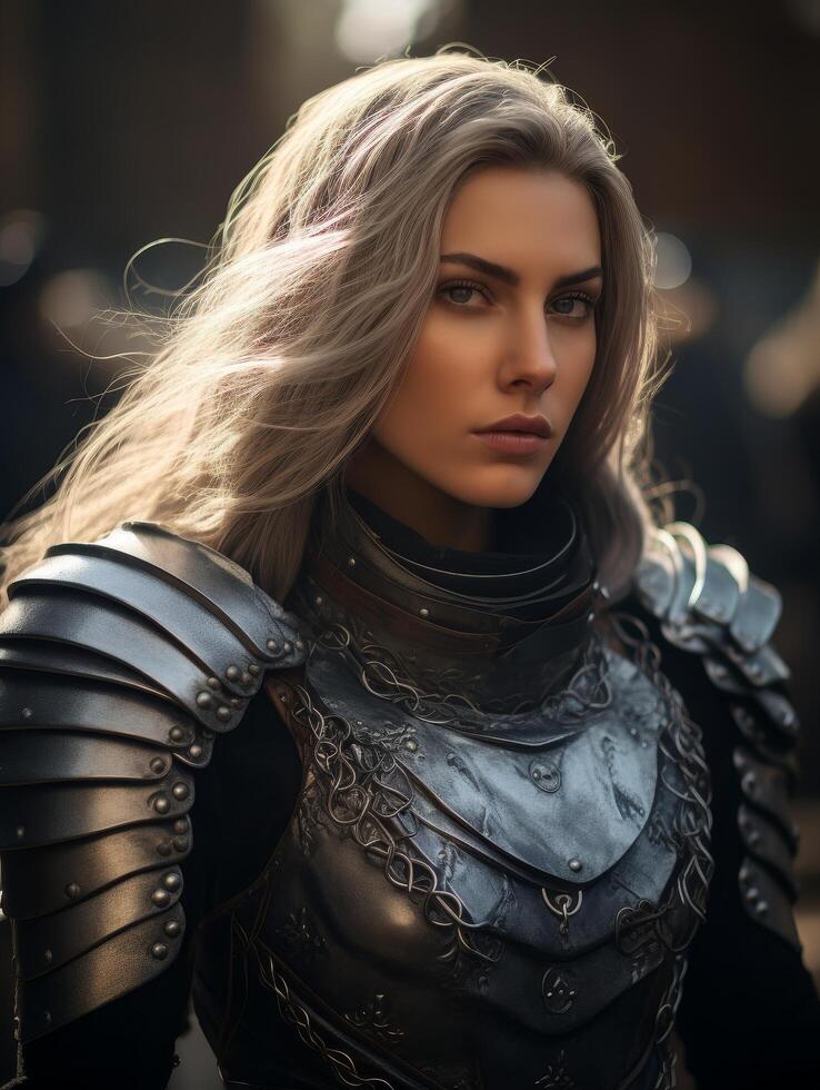 Fierce warrior woman in dark armor photo