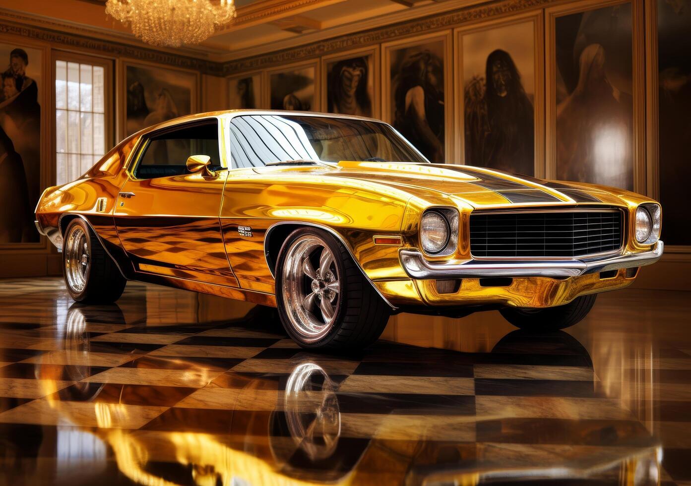 Gleaming golden muscle car in ornate interior photo