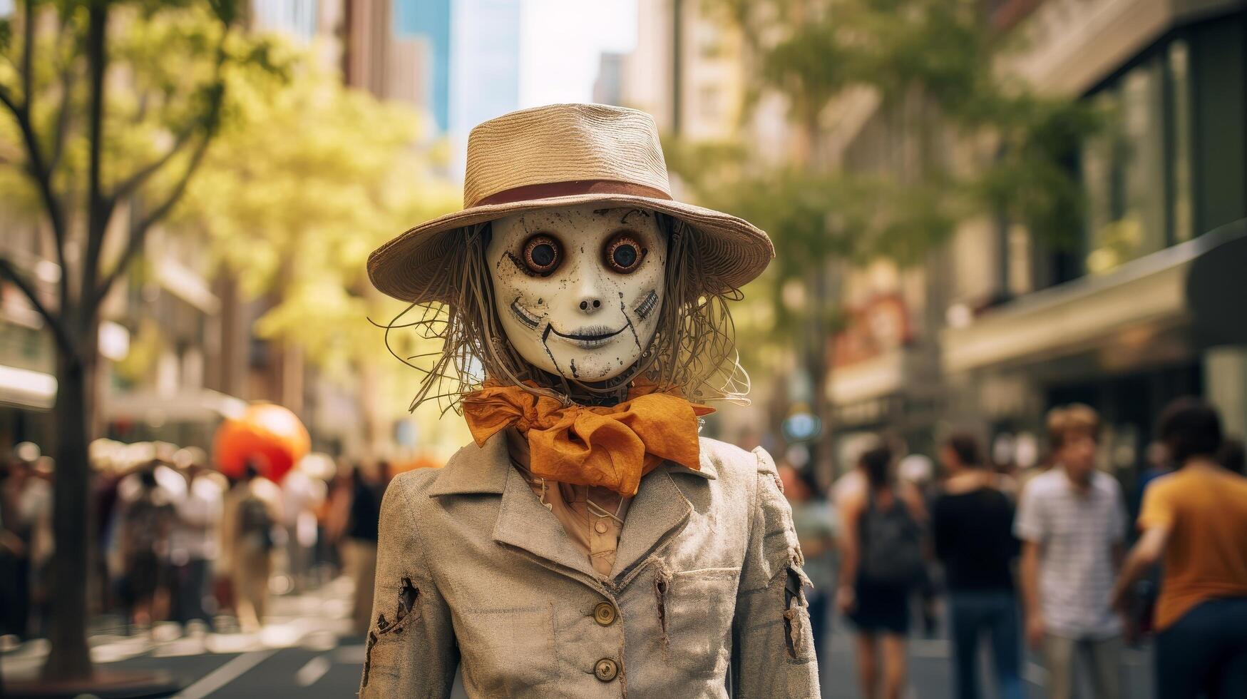 Spooky scarecrow figure in city street photo