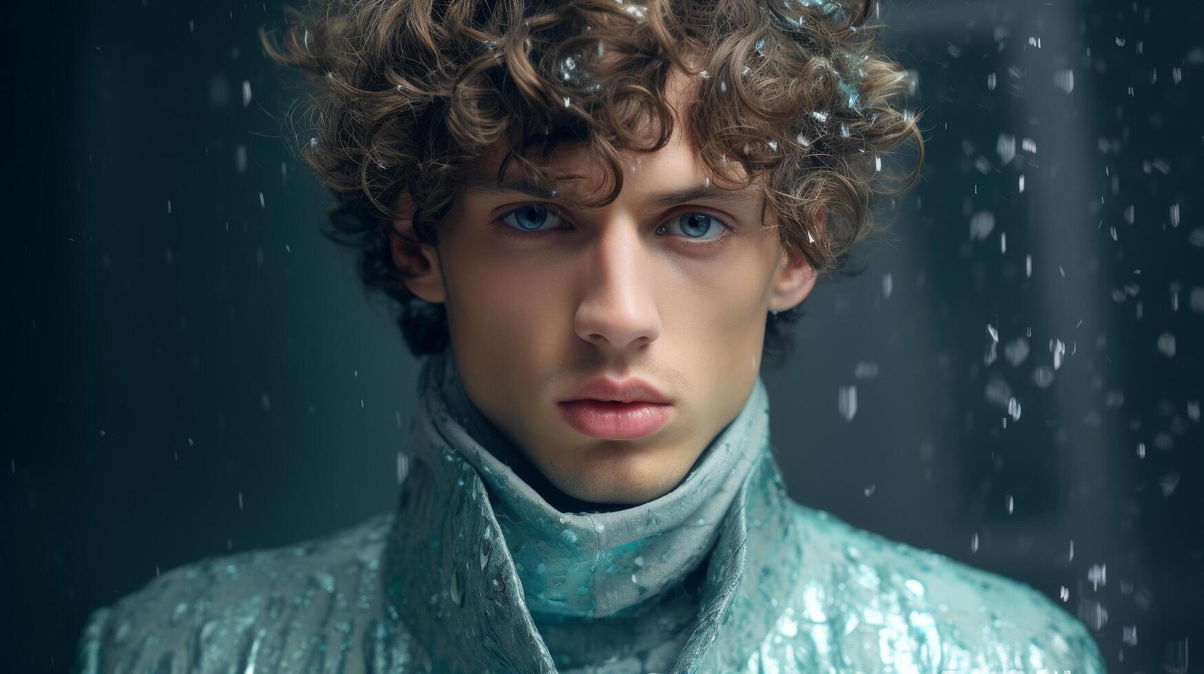 Pensive young man with curly hair in winter coat photo