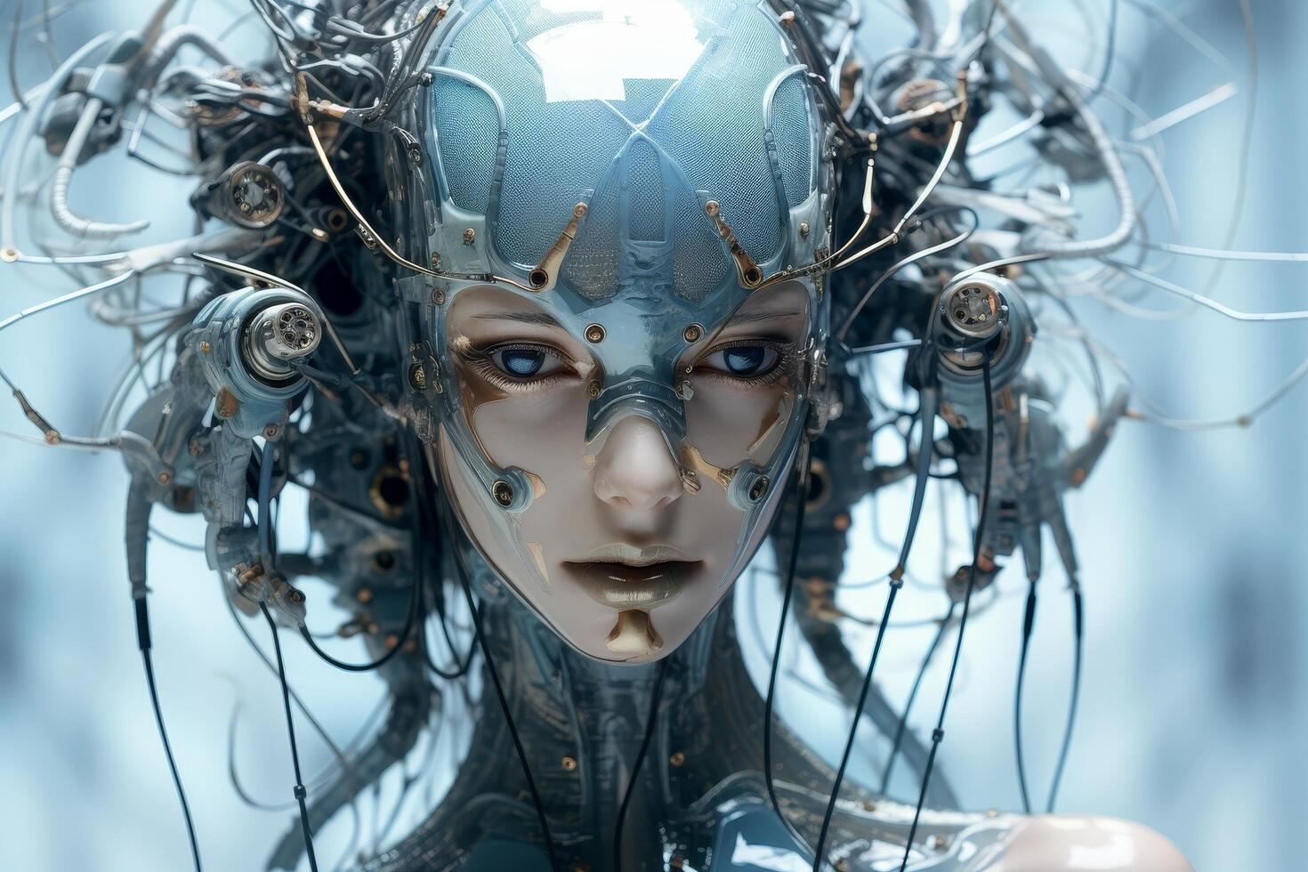 futuristic cyborg face with intricate mechanical details photo