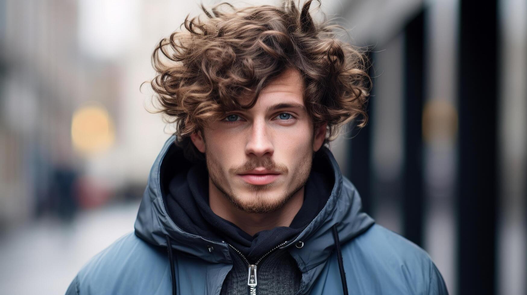 Handsome man with curly hair in winter coat photo