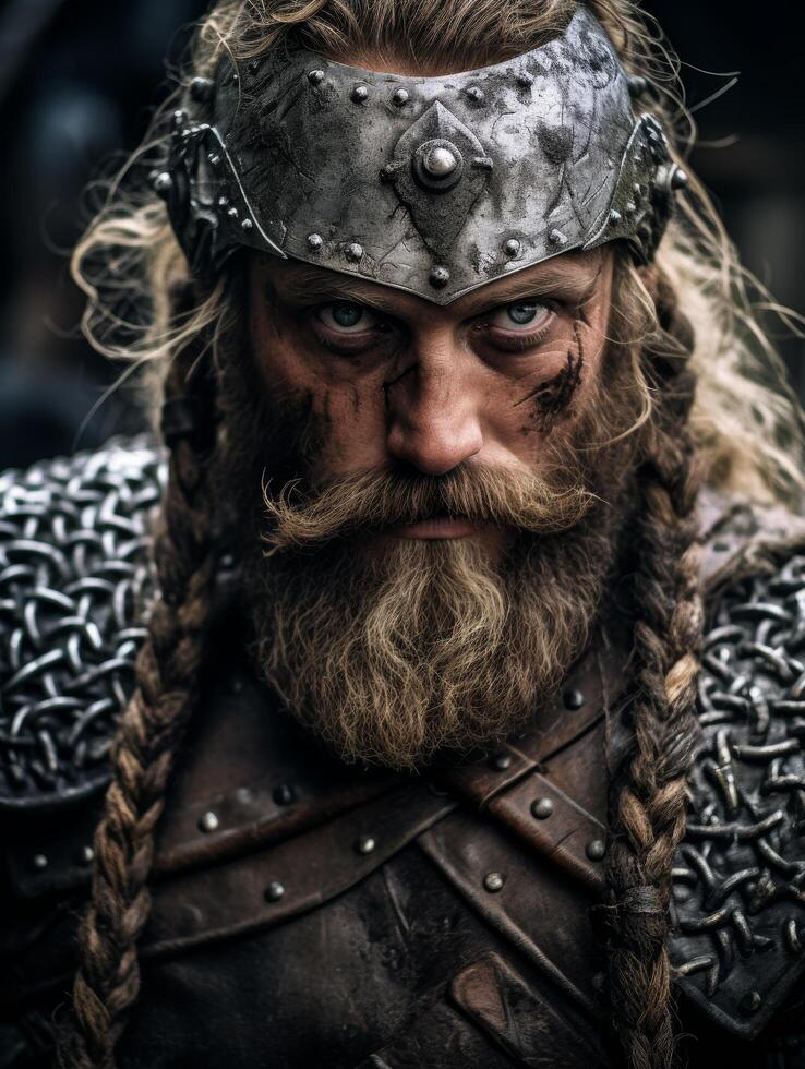 Fierce warrior with battle worn armor and beard photo