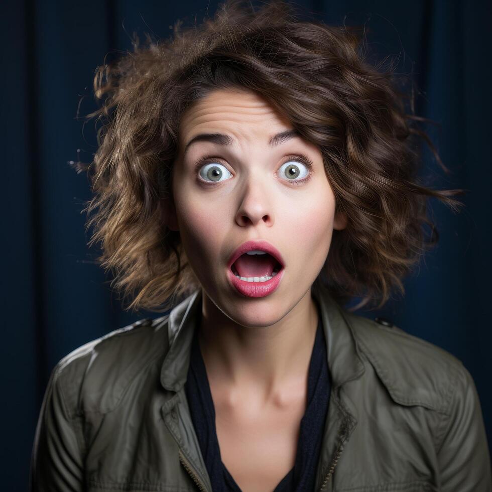 Surprised woman with wild hair expression photo