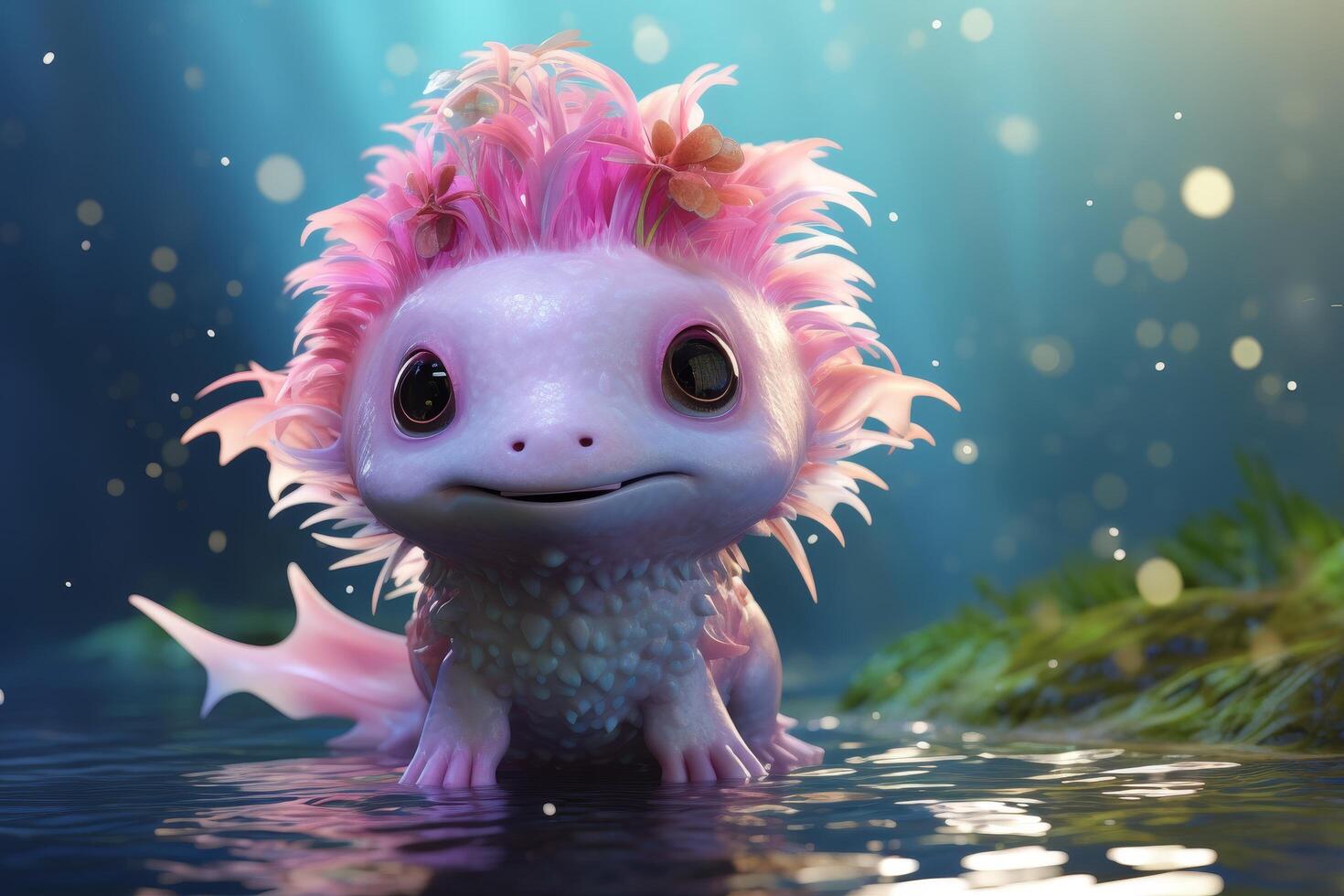 Cute fantasy creature with pink feathers in a magical underwater scene photo