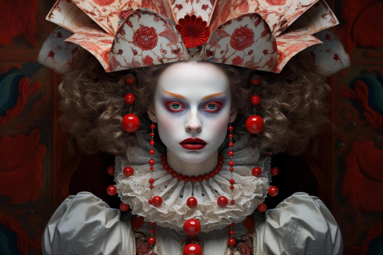 Ornate theatrical costume with elaborate headdress and makeup photo