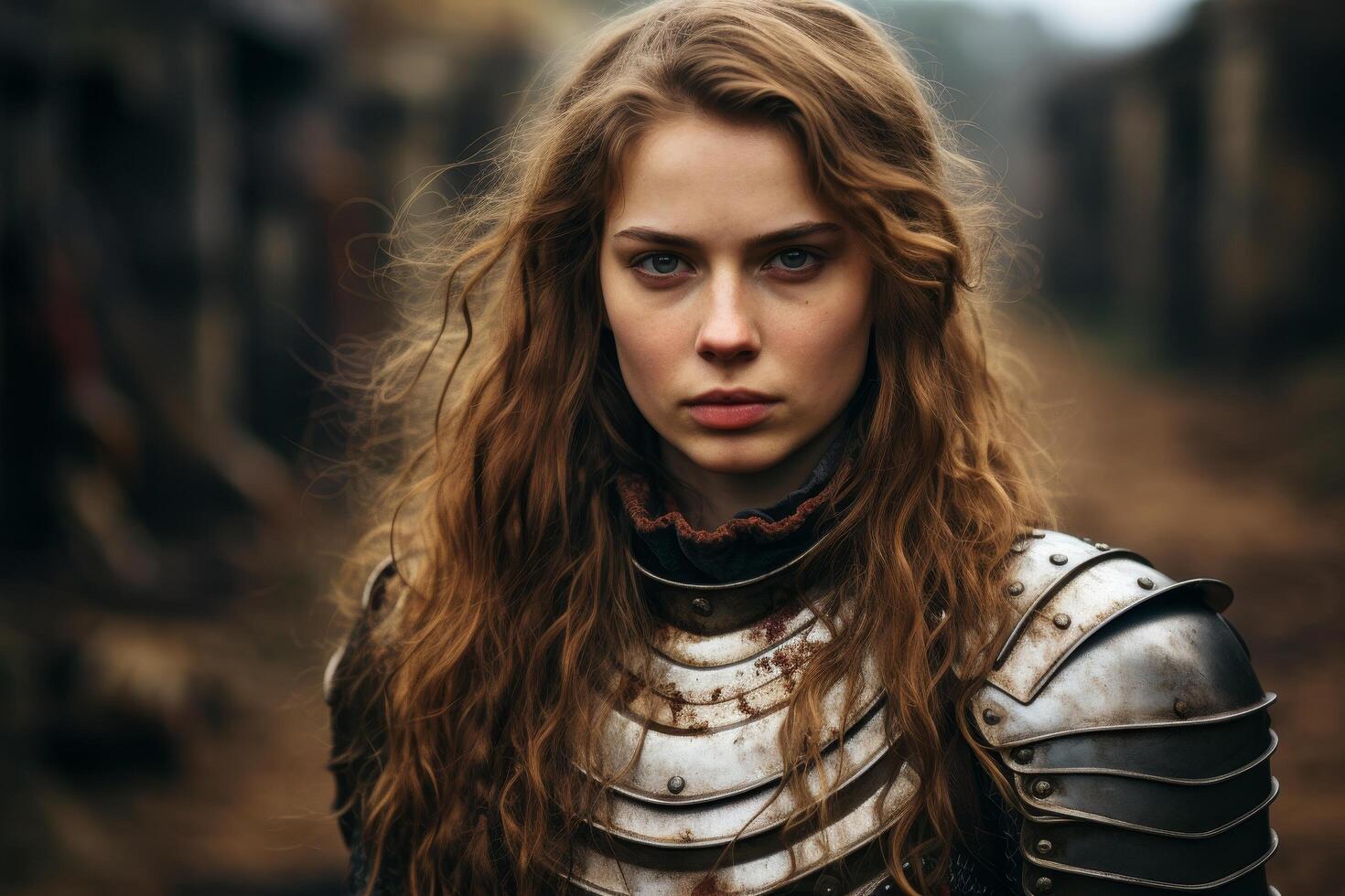 Fierce female warrior with flowing hair and armored clothing photo