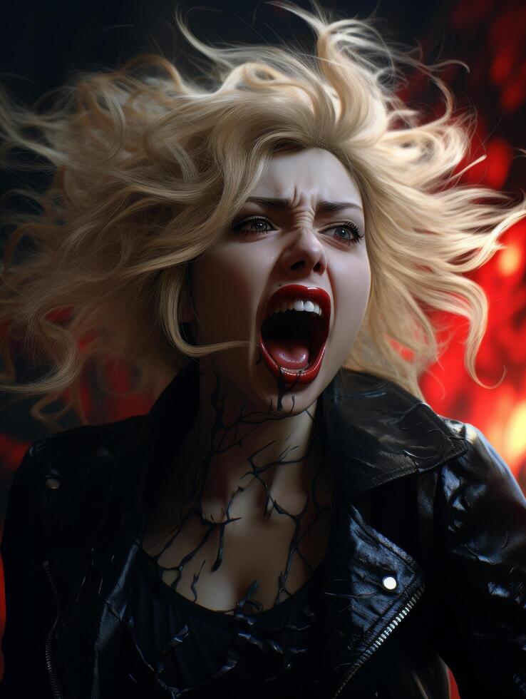 Intense expression of a woman with wild blonde hair photo