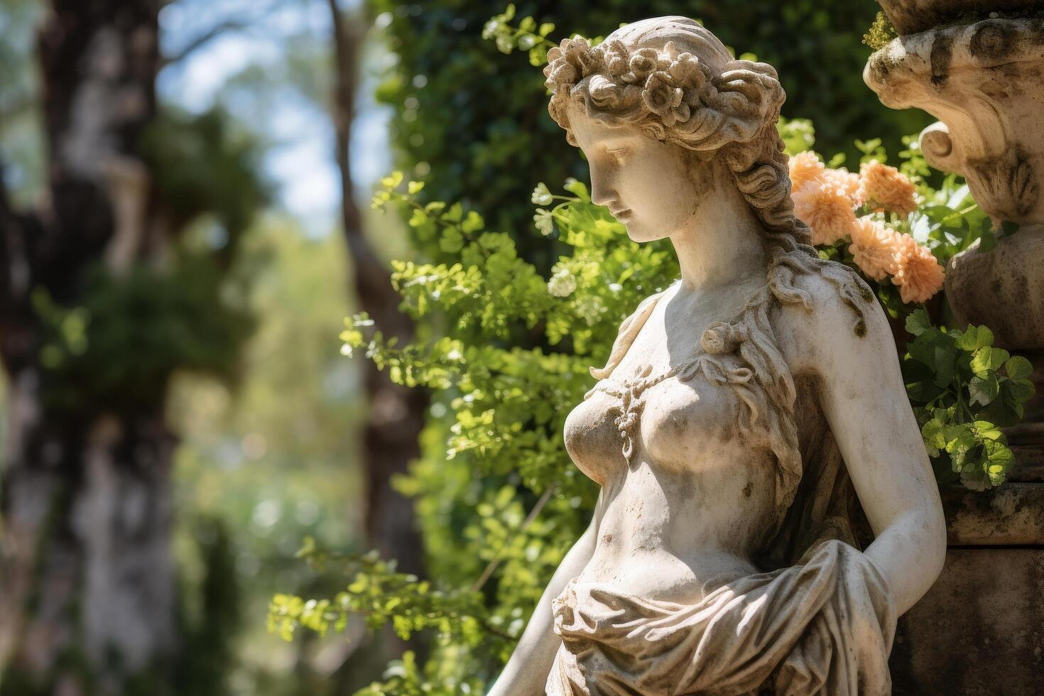 Elegant stone statue in a lush garden photo