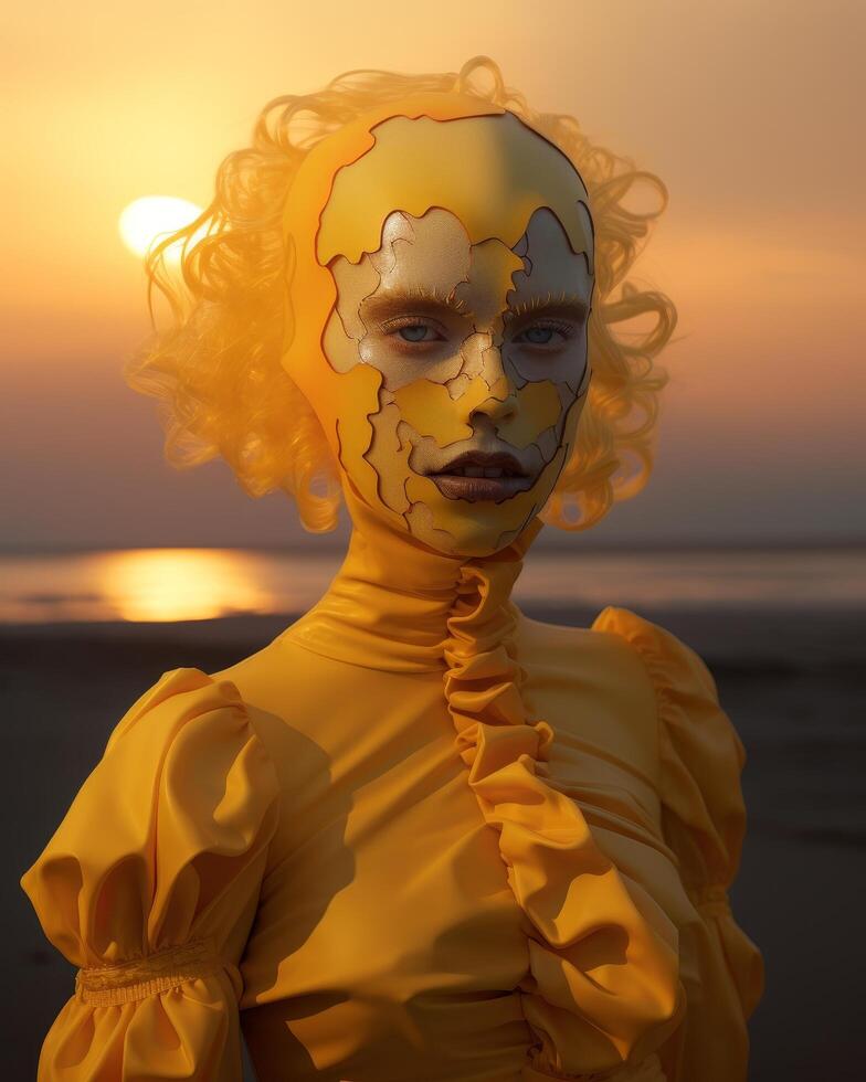 Surreal portrait of a woman with a cracked, distorted face against a sunset sky photo
