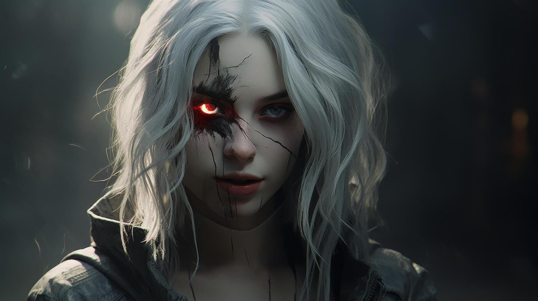 Haunting portrait of a mysterious woman with glowing red eyes photo