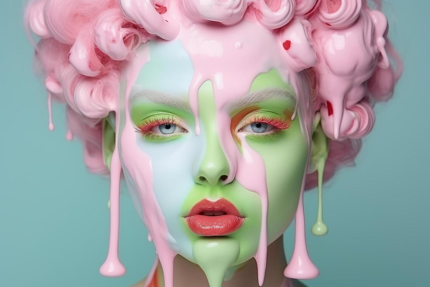 surreal fantasy makeup portrait with pink hair photo