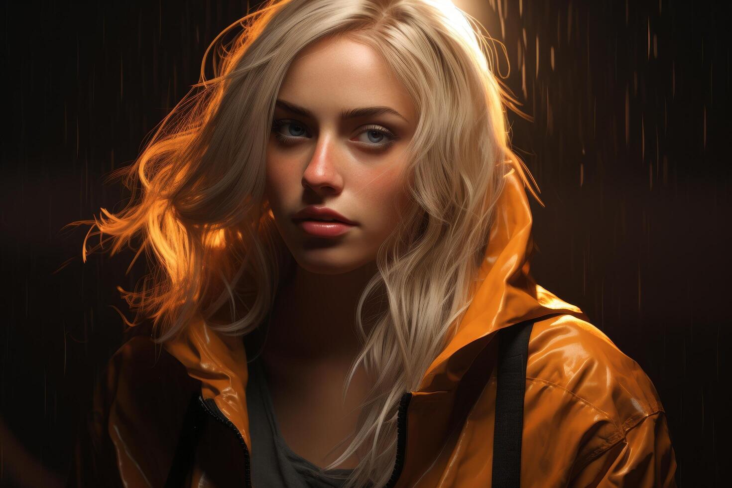 Dramatic portrait of a woman in a yellow jacket photo