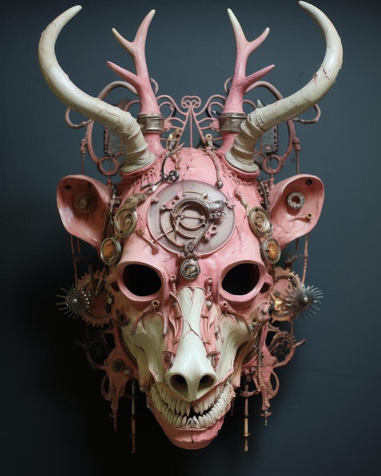 Surreal mechanical animal skull with horns and gears photo