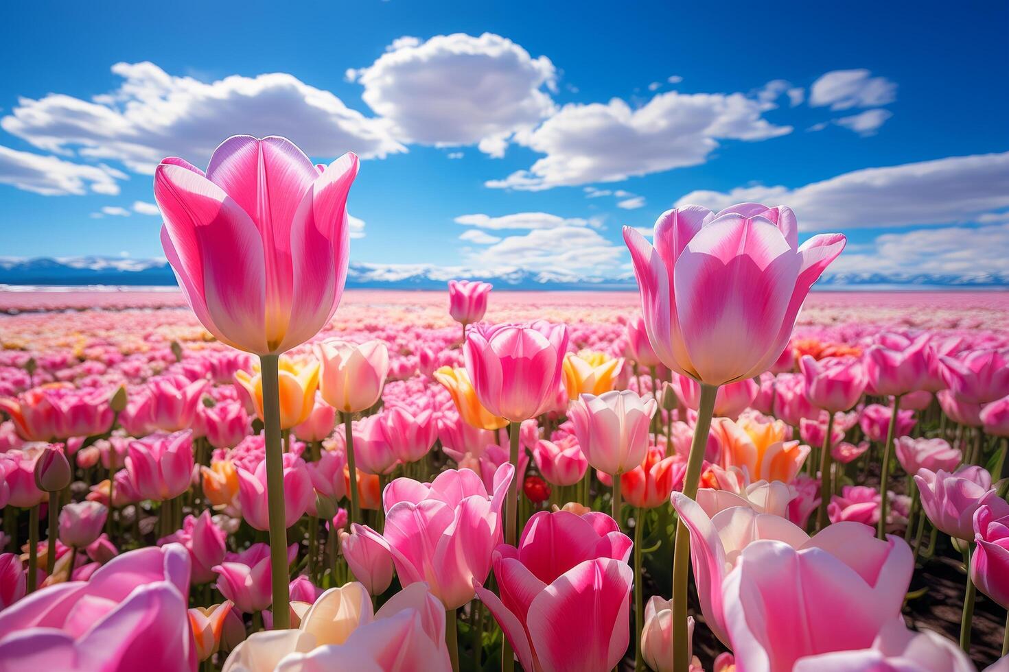 Vibrant tulip field under a blue sky photo