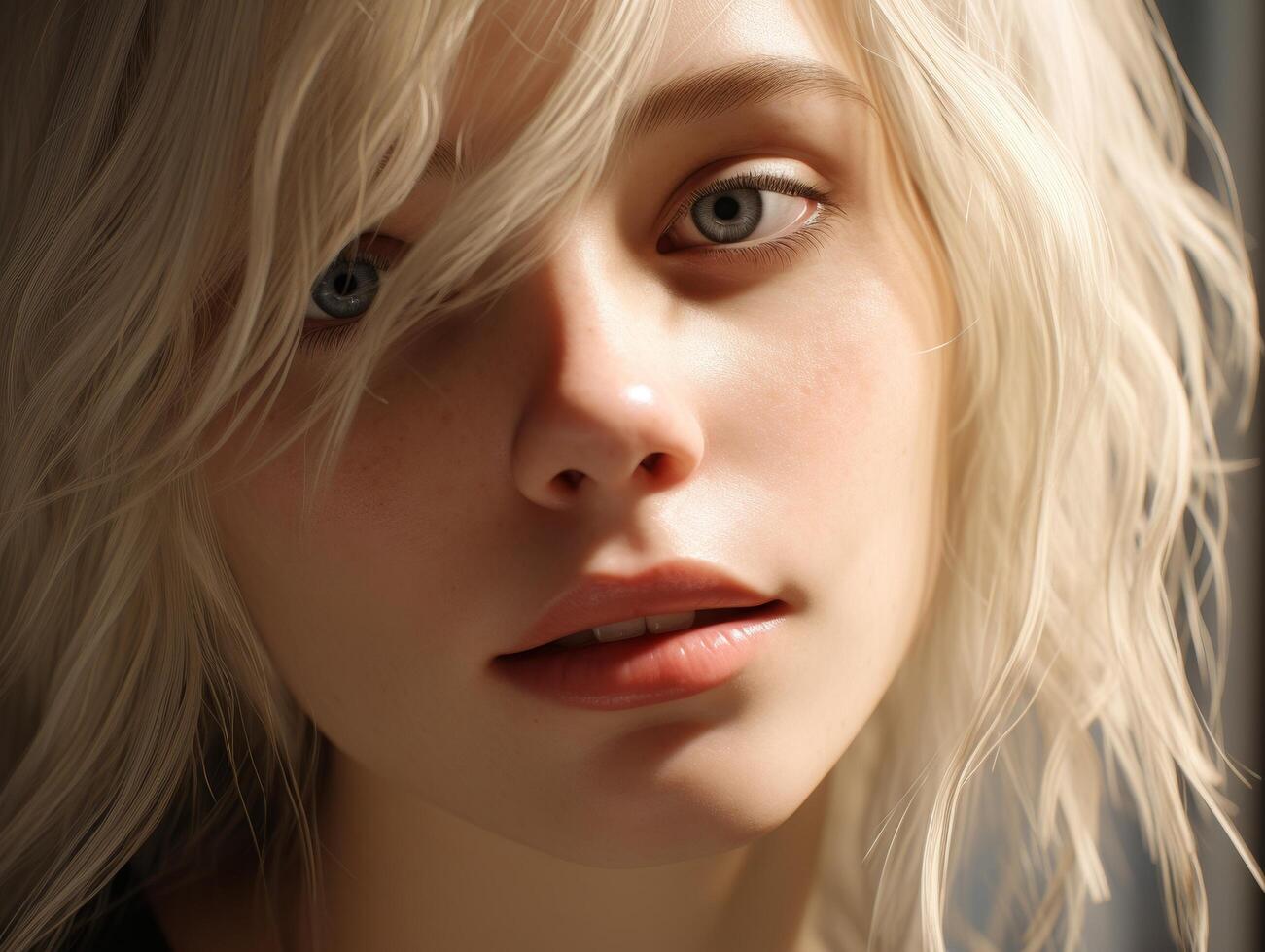 Thoughtful blonde woman with piercing blue eyes photo